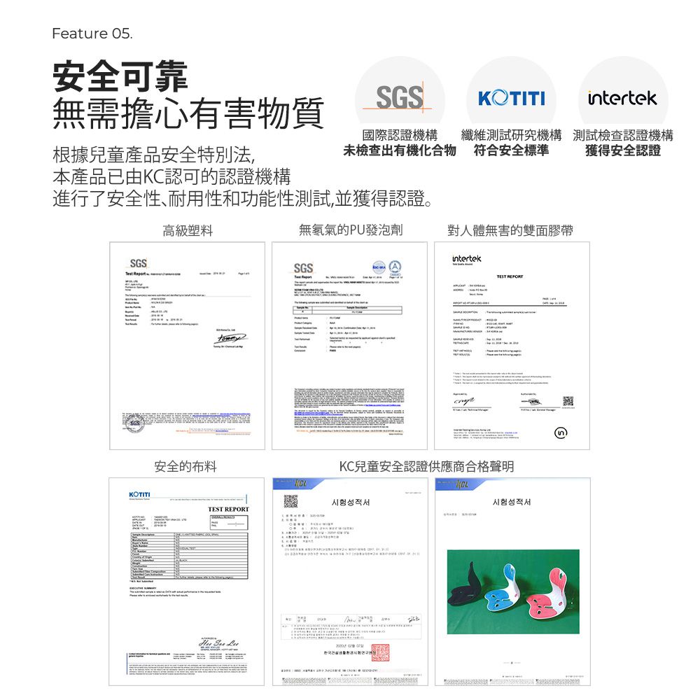 Feature 05.安全可靠無需擔心有害物質根據兒童產品安全法,SGSKOTITIintertek國際認證機構未檢查出有機化合物纖維測試研究機構符合安全標準測試檢查認證機構獲得安全認證本產品已由KC認可的認證機構進行了安全性、耐用性和功能性測試,並獲得認證。高級塑料無氡氣的PU發泡劑對人體無害的雙面膠帶intertekSGSSGS KOTITI安全的布料TEST REPORTTEST REPORTKC兒童安全認證供應商合格聲明성적서시험성적서⑤