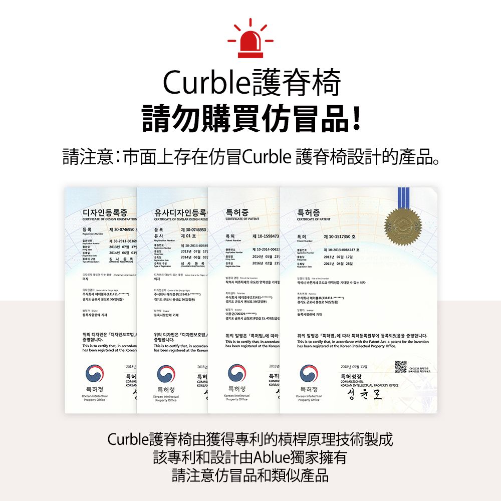 Curble請Curble 。디자인증유사디자인증      DESIGN   특허증  PATENT30-4695030-0746950유사01호제 10-1598473특허제10-1517350호30-2013-0692013 07 172014  032013년 07 10-2013-00842472014년 06 03일2014년  2013년 07 17일2016년 02 등록2015년 04월 28일      주식회사 등록 등록 기재경기도     주식회사경기도  등록 기재위의 디자인 디자인보호법합니다This is to  th in accordan been registered at the 위의 디자인은 디자인보호법합니다This is to  that in accordanhas been registered at the 위의 은 」에 따라This is to certify that in accordanhas been registered at the 위의 은 특허법에 따라 특허등록원부에 등록되었음을 증명합니다.This is to certify that, in accordance with the Patent Act, a patent for the has been registered at the    .특허청   2018년2018년2018년특허특허특허특허청특허청특허청Korean Korean   Korean IntellectualProperty Office2018년 월 일특허청장  PROPERTY Curble護脊的Ablue請仿冒