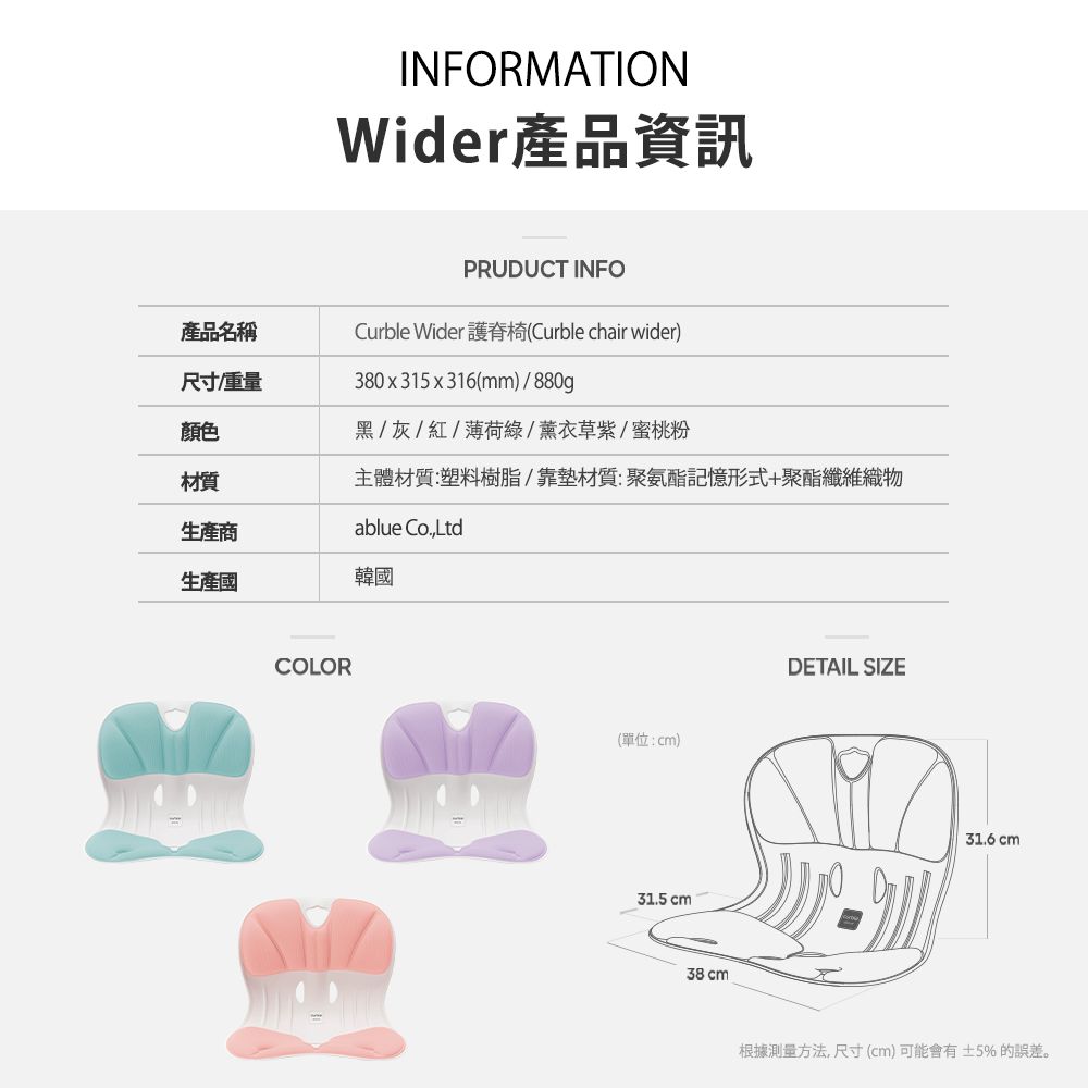 INFORMATIONWider产品资讯PRUDUCT INFO产品名称Curble Wider (Curble chair wider)尺寸重量颜色材质380x315x316(mm)/880g黑/灰/红/薄荷/薰衣草紫/蜜桃粉主体材质:塑料树脂/靠垫材质:聚氨酯记忆形式+聚酯纤维织物生产商ablue Co.,Ltd生产国韩国COLOR(单位:cm)31.5 cm38cmDETAIL SIZE31.6 cm根据测量方法,尺寸(cm)可能会有±5%的误差。