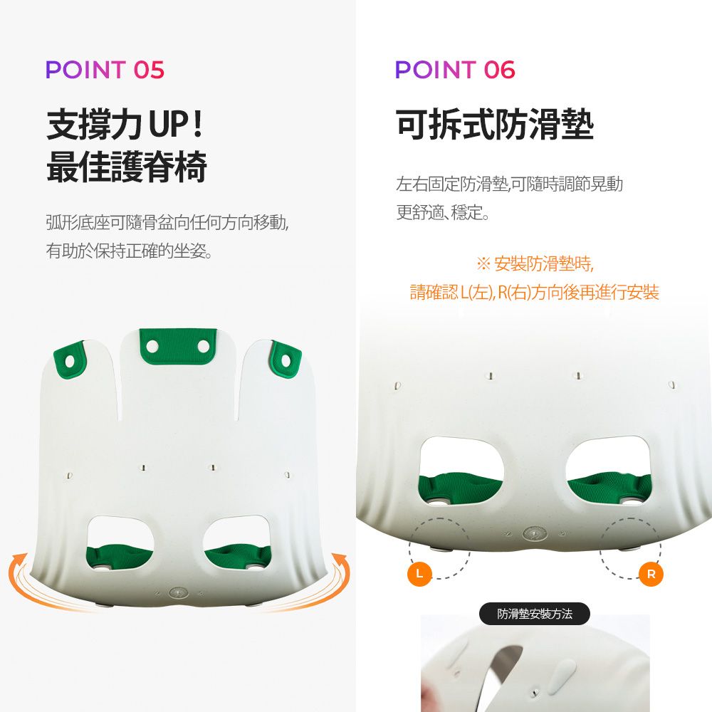 POINT 05支撑力UP!最佳护嵴椅POINT 06可拆式防滑左右固定防滑垫可随时调节晃动更舒适、稳定。弧形底座可随骨盆向任何方向移动,有助于保持正确的坐姿。D※安装防滑垫时,请确认(左),R(右)方向后再进行安装L防滑垫安装方法R