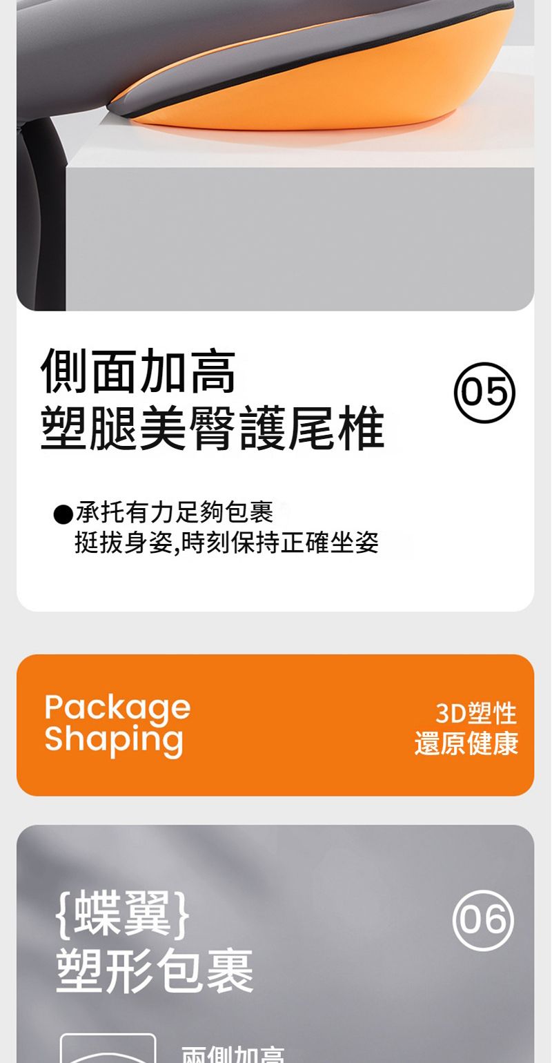 側面塑腿美臀護尾椎●承托有力足夠包裹挺拔身姿,時刻保持正確坐姿05PackageShaping3D塑性還原健康{蝶翼}塑形包裹(06兩側加高