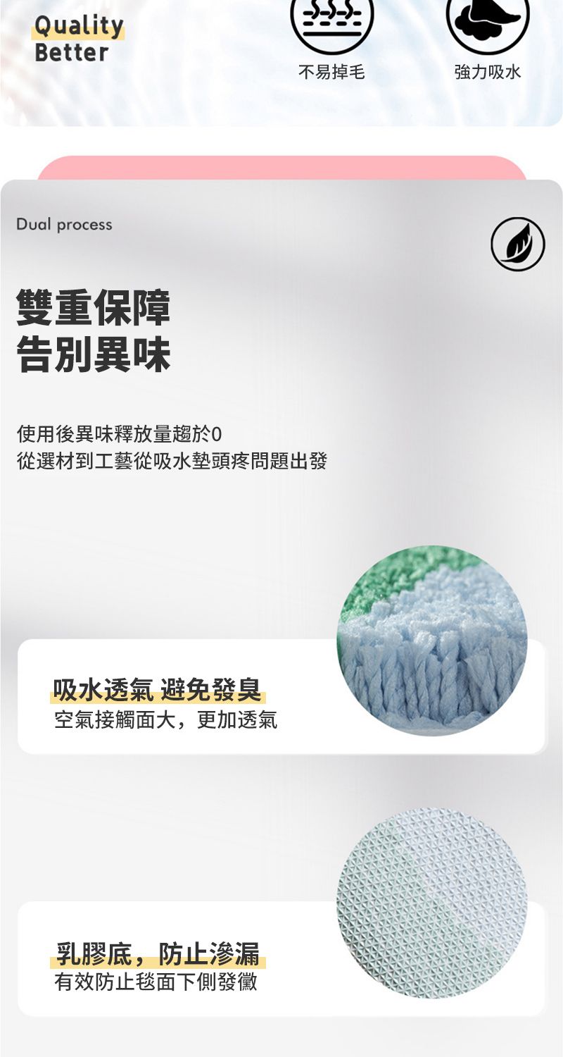 QualityBetterDual process不易掉毛強力吸水雙重保障告別異味使用後異味釋放量趨於0從選材到工藝從吸水墊頭疼問題出發吸水透氣 避免發臭空氣接觸面大,更加透氣乳膠底,防止滲漏有效防止毯面下側發黴