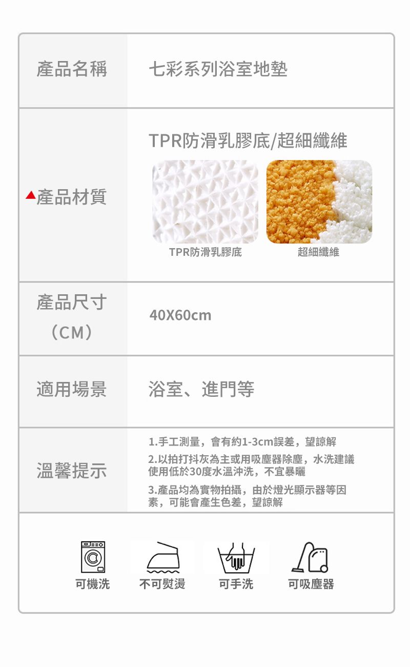 產品名稱七彩系列浴室地墊產品材質TPR防滑乳膠底/超細纖維產品尺寸(CM)TPR防滑乳膠底超細纖維40x60cm適用場景浴室、進門等溫馨提示1.手工測量,會有約1-3cm誤差,望諒解2.以拍打抖灰為主或用吸塵器除塵,水洗建議使用低於30度水温,不宜暴曬3.產品均為實物拍攝,由於燈光顯示器等因素,可能會產生色差,望諒解可機洗不可熨燙可手洗可吸塵器