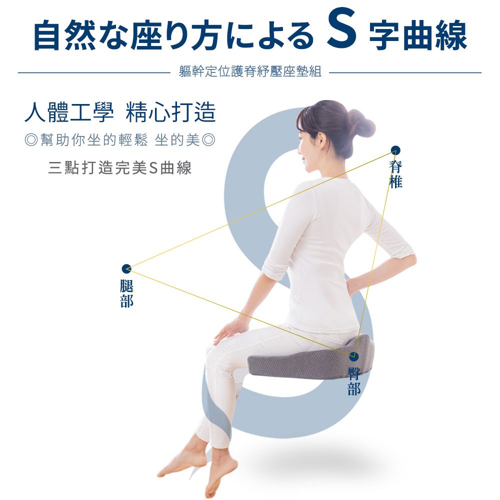 自然な座り方によるS字曲線軀幹定位護脊壓座組人體工學 精心打造◎幫助你坐的輕鬆 坐的美◎三點打造完美S曲線