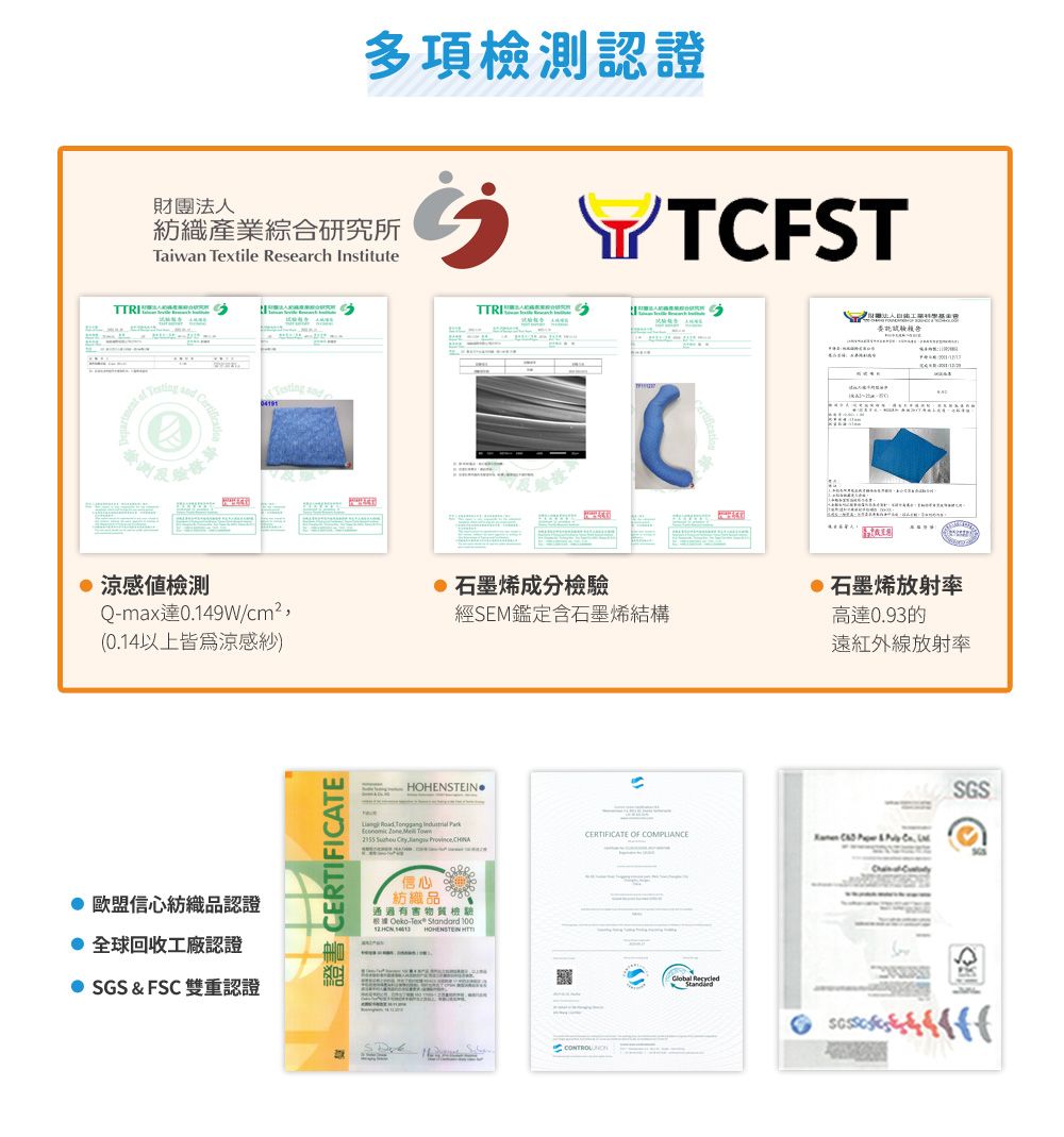 of法人多項檢測認證 YTCFST紡織產業綜合研究所Taiwan Textile Research Institute證 TTRI 涼感檢測Qmax達0.149W/cm²,0.14以上皆爲涼感紗)石墨烯成分檢驗SEM鑑定含石墨烯結構信心品認證 全球回收工廠認證SGS & FSC 雙重認證證書 CERTIFICATEHOHENSTEIN       (   Jang 信心紡織品通過有害物質檢驗根據 - Standard 100  HOHENSTEN CERTIFICATE OF  委託石墨烯放射高達0.93的遠紅外線放射率SGS