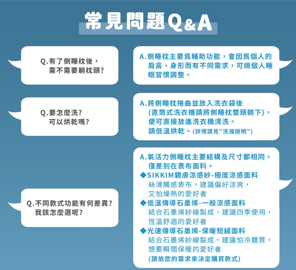 常見問題Q&AQ.有了側睡枕後,需不需要躺枕頭?A.側睡枕主要輔助功能,會因為個人的肩高、身形而有不同需求,可視個人睡眠習慣調整。Q.要怎麼洗?可以烘乾嗎?Q.不同款式功能有何差異?我該怎麼選呢?A.將側睡枕捲曲並放入洗衣袋後(直筒式洗衣機請將側睡枕雙頭朝下),便可直接放進洗衣機清洗。請低溫烘乾。(詳情請見洗滌說明”)A.氧活力側睡枕主要結構及尺寸都相同,僅差別在表布面料。SIKKIM親膚涼感紗-極度涼感面料絲滑觸感表布,建議偏好涼爽,又怕燥熱的愛好者低溫傳導石墨烯-一般涼感面料結合石墨烯紗線製成,建議四季使用,恆溫舒適的愛好者▶光速傳導石墨烯-保暖短絨面料結合石墨烯紗線製成,建議怕冷體質,想要瞬間保暖的愛好者(請依您的需求來決定購買款式)