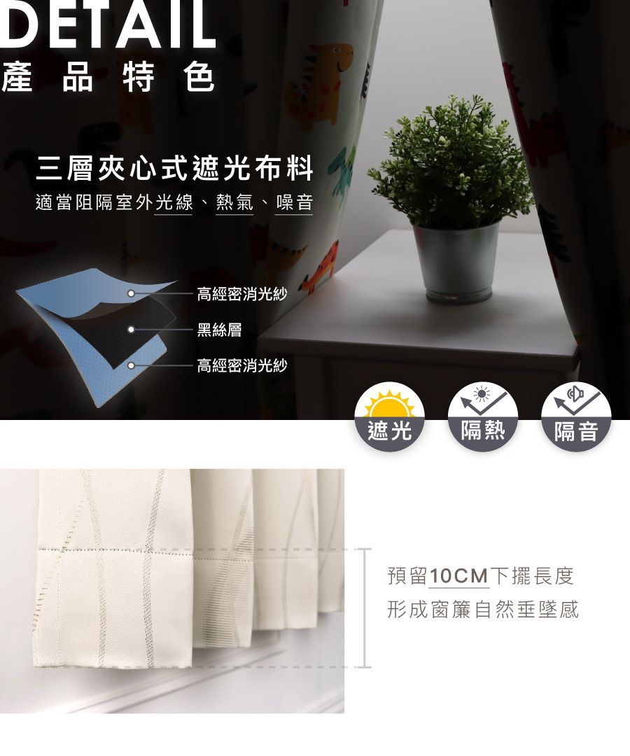 DETAIL產品特色三層夾心式遮光布料適當阻隔室外光線、熱氣、噪音高經密消光紗黑絲層高經密消光紗遮光隔熱隔音預留10CM下擺長度形成窗簾自然垂墜感
