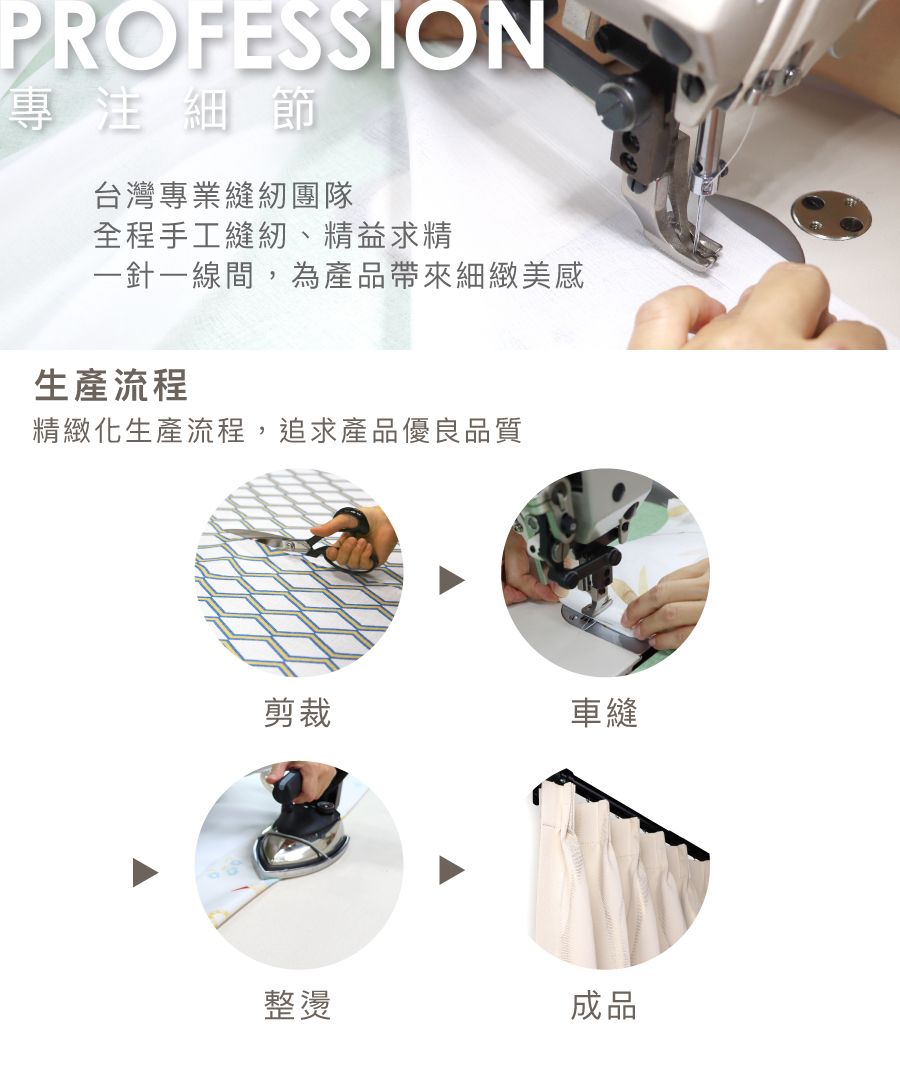 PROFESSION專注細節台灣專業縫紉團隊全程手工縫紉、精益求精一針一線間,為產品帶來細緻美感生產流程精緻化生產流程,追求產品優良品質剪裁車縫整燙成品