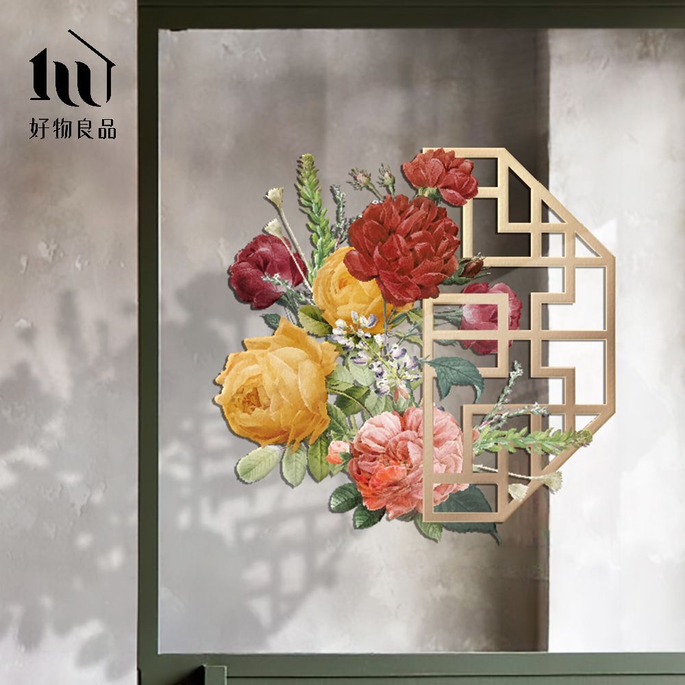 好物良品 70x65cm牡丹款_新春過年節慶玻璃門窗靜電窗貼 雙面窗花裝飾佈置 春聯 壁貼貼紙