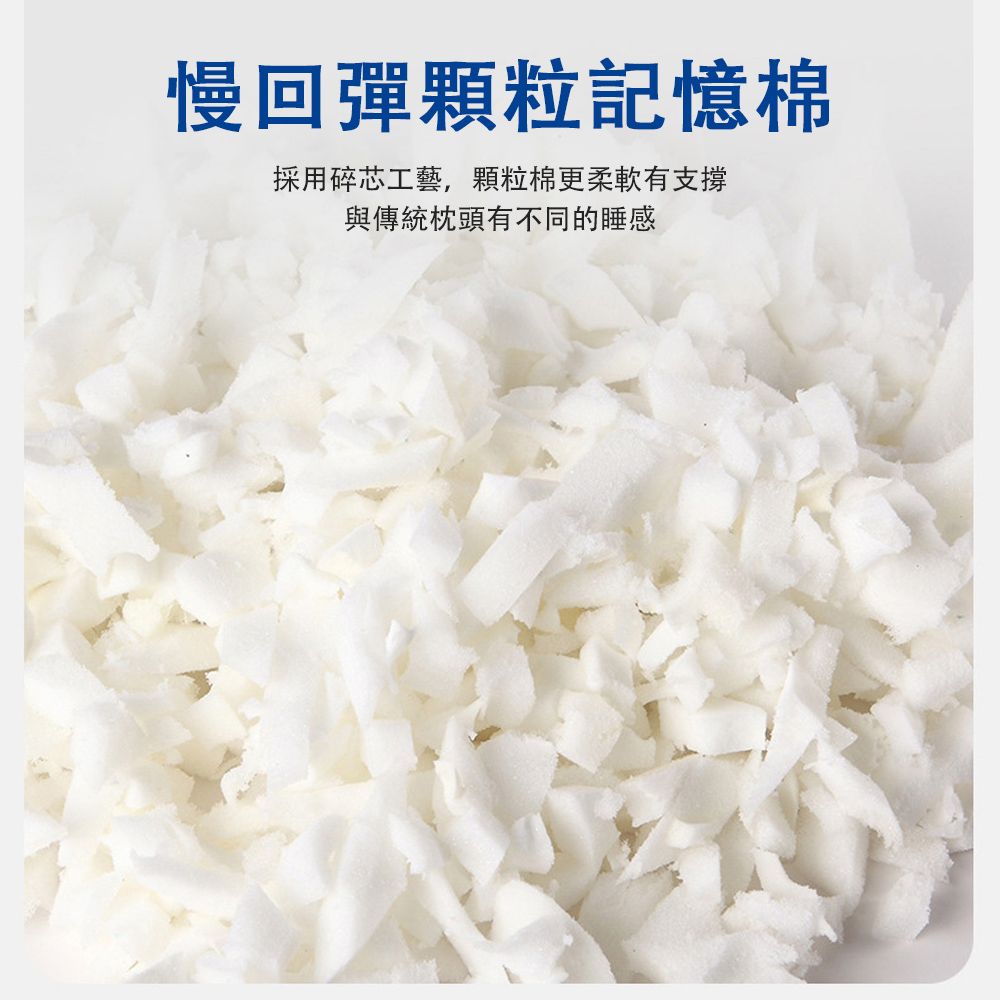 慢回彈顆粒記憶棉採用碎芯工藝,顆粒棉更柔軟有支撐與傳統枕頭有不同的睡感