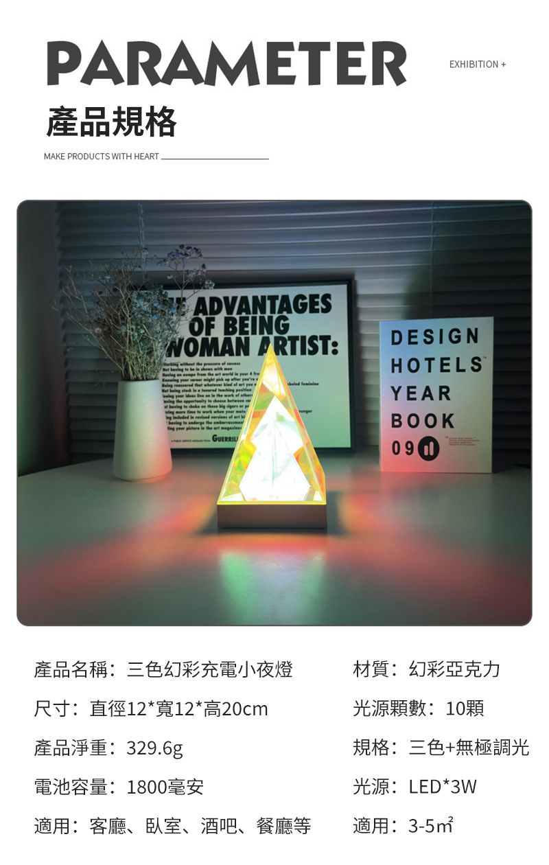 PARAMETEREXHIBITION +產品規格MAKE PRODUCTS WITH HEARTADVANTAGESOF BEINGWOMAN ARTIST:  DESIGNHOTELSYEARBOOK產品名稱:三色幻彩充電小夜燈材質:幻彩亞克力尺寸:直徑12*寬12*高20cm光源顆數:10顆產品淨重:329.6g規格:三色+無極調光電池容量:1800毫安光源:LED*3W適用:客廳、臥室、酒吧、餐廳等適用: