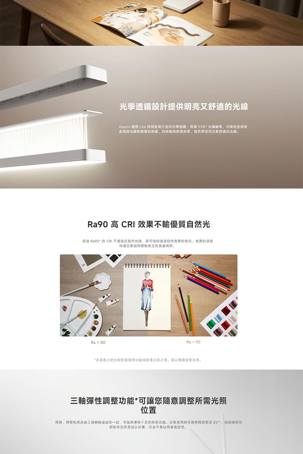 光學透鏡設計提供明亮又舒適的光線Xiaomi 檯燈 Lite 採用量身打造的光學透鏡具備53%光傳輸率可降低使用者直視時光線對眼睛的刺激,同時維持照明效率,提供更明亮且更舒適的光線。Ra90 高  效果不輸優質自然光高達 Ra90 的 CRI 不僅接近自然光線,更可自然的色彩。真實的演色性讓您更能夠體驗真正的美麗細節。Ra = 80Ra = 90*本頁面上的比較影像僅供功能或效果示意之用。請以實際效果為準。三軸彈性調整功能*可讓您隨意調整所需光照位置燈頸、燈和燈座由三個轉軸連結在一起,可提供彈性十足的照明功能。日常使用時可將燈調整至85*,收納時則可輕鬆依您所需加以,完全不會佔用桌面空間。