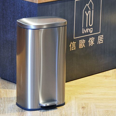【YU Living】方型不銹鋼腳踏雙層緩降蓋大垃圾桶 30L(銀色/大尺寸)