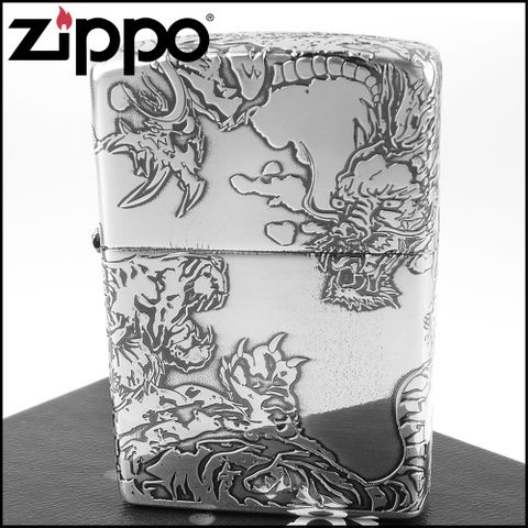 Zippo 日系~龍虎圖案設計-五面連續蝕刻加工(銀燻黑鏡面款)