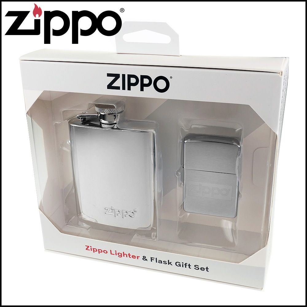 Zippo 美系~光澤蝕刻Logo打火機+酒壺套組