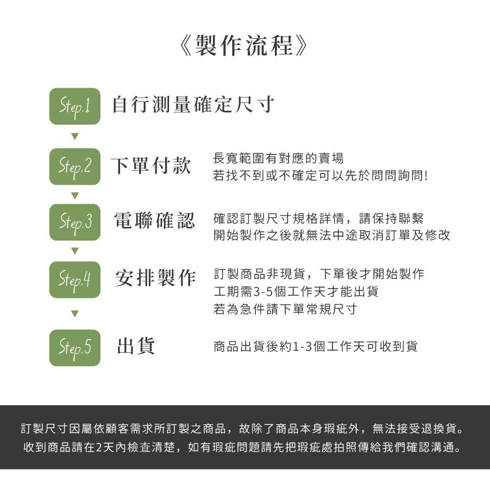 《製作流程》 自行測量確定尺寸 下單付款長寬範圍有對應的賣場若找不到或不確定可以先於問問詢問! 聯確認 確認訂製尺寸規格詳情,請保持聯繫開始製作之後就無法中途取消訂單及修改 安排製作 訂製商品非現貨,下單後才開始製作工期需3-5個工作天才能出貨若為急件請下單常規尺寸商品出貨後約1-3個工作天可收到貨訂製尺寸因屬依顧客需求所訂製之商品,故除了商品本身瑕疵外,無法接受退換貨。收到商品請在2天內檢查清楚,如有瑕疵問題請先把瑕疵處拍照傳給我們確認溝通。