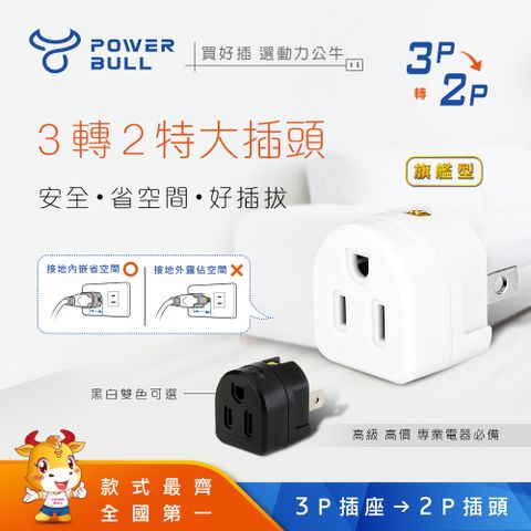 符合人體工學設計好拔插 【POWER BULL動力公牛】PB-101旗艦型三轉二插頭(黑色)