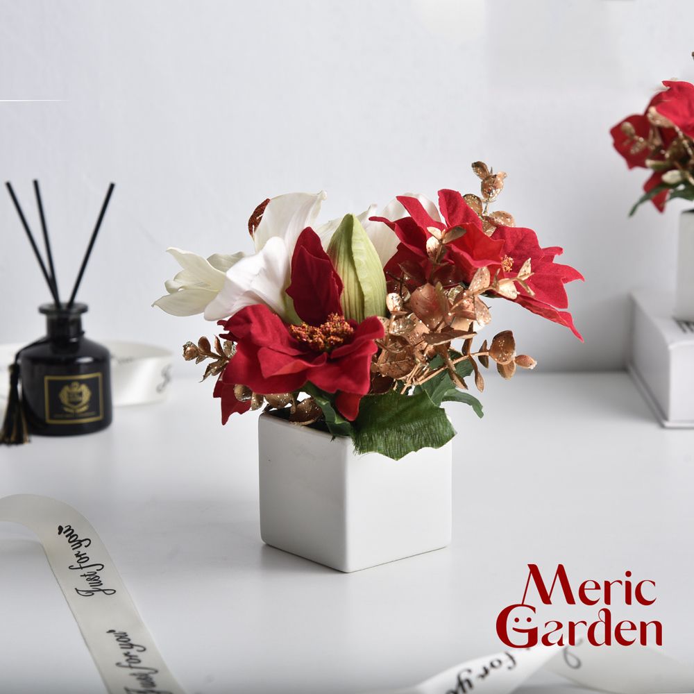 Meric Garden 高仿真台灣手工限定白雪聖誕紅小盆栽1入/組
