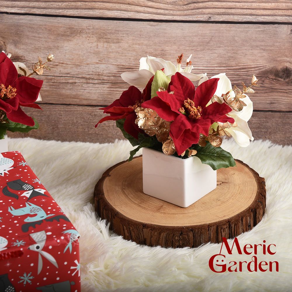 Meric Garden 高仿真台灣手工限定白雪聖誕紅小盆栽1入/組