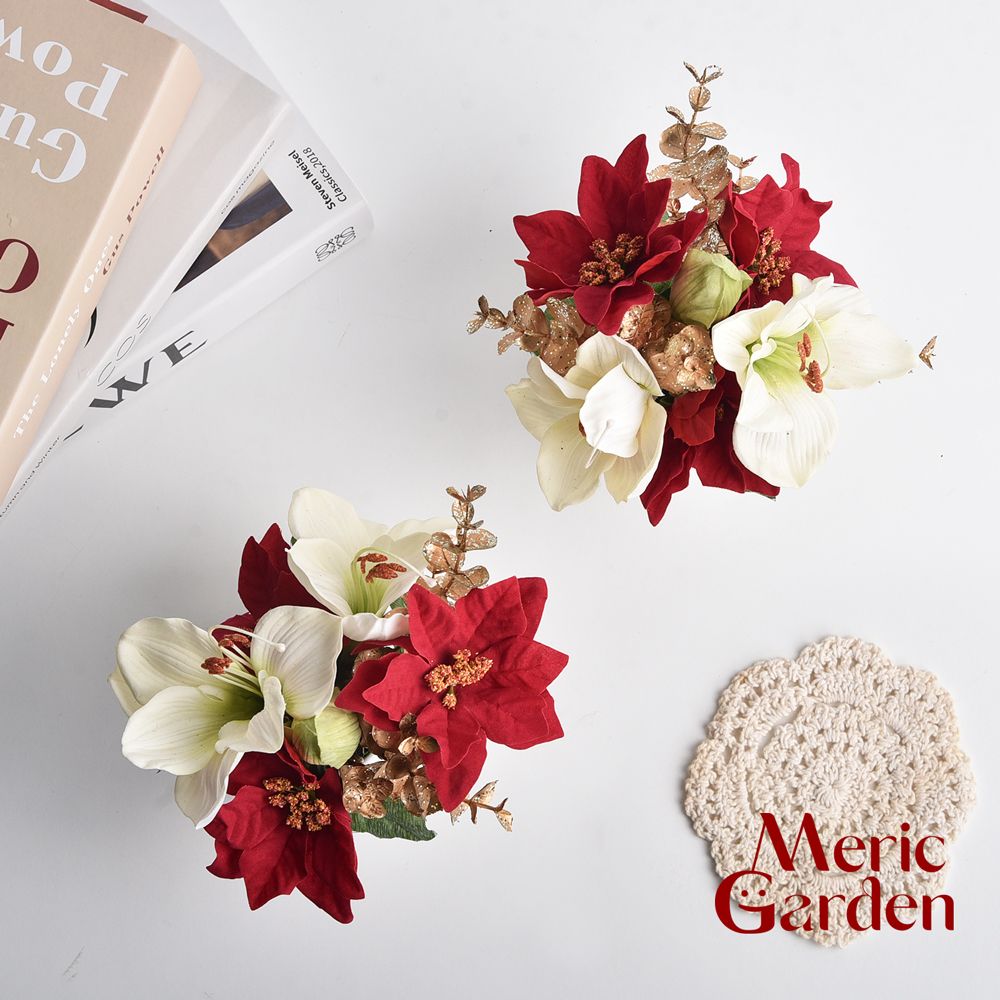 Meric Garden 高仿真台灣手工限定白雪聖誕紅小盆栽2入/組