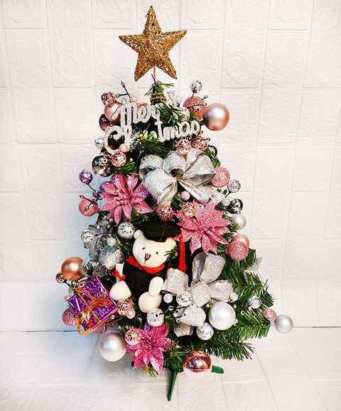 【裝飾燈大師】特價品-60CM(2尺)裝飾綠色聖誕樹(含整套飾品-已組裝)-銀粉色系-博士熊