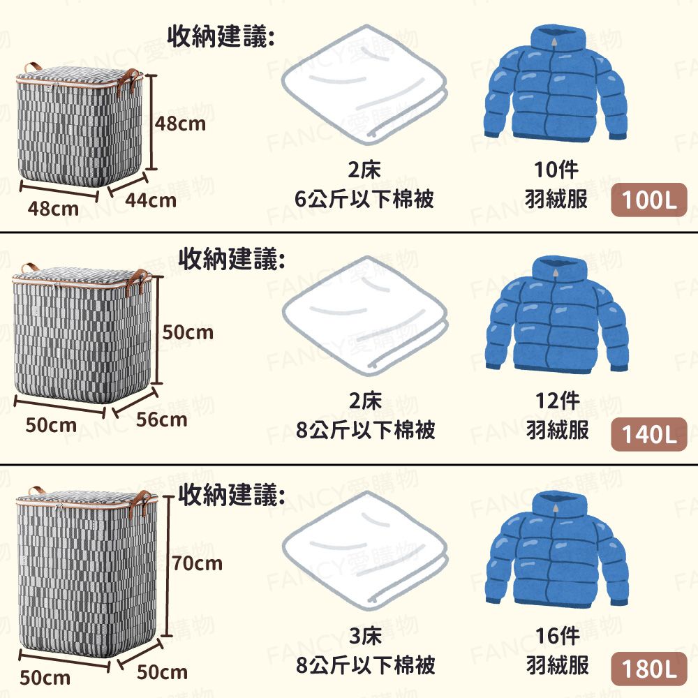 收納建議:48cm2床6公斤以下棉被48cm 44cm收納建議:50cm50cm56cm羽絨服100L2床8公斤以下棉被12件FAN羽絨服 140L收納建議:受購物FANCY愛購物FANCY 8公斤以下棉被FANC 羽絨服180L50cm50cm