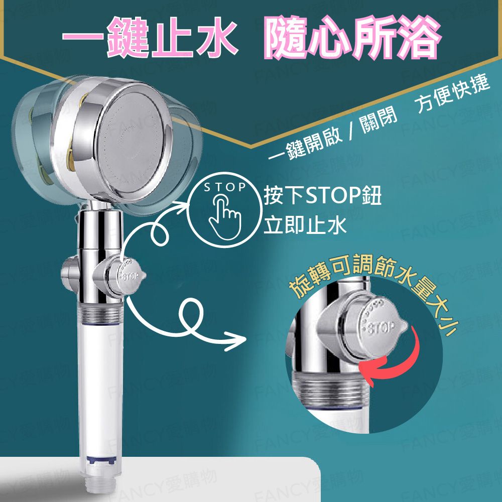 一 隨心所浴-鍵開啟/關閉 方便快捷\按下STOP鈕STOP立即止水愛購旋轉可調節水量STOPFFANCY愛購物FANCY愛購 FANCY ANCY愛購 收
