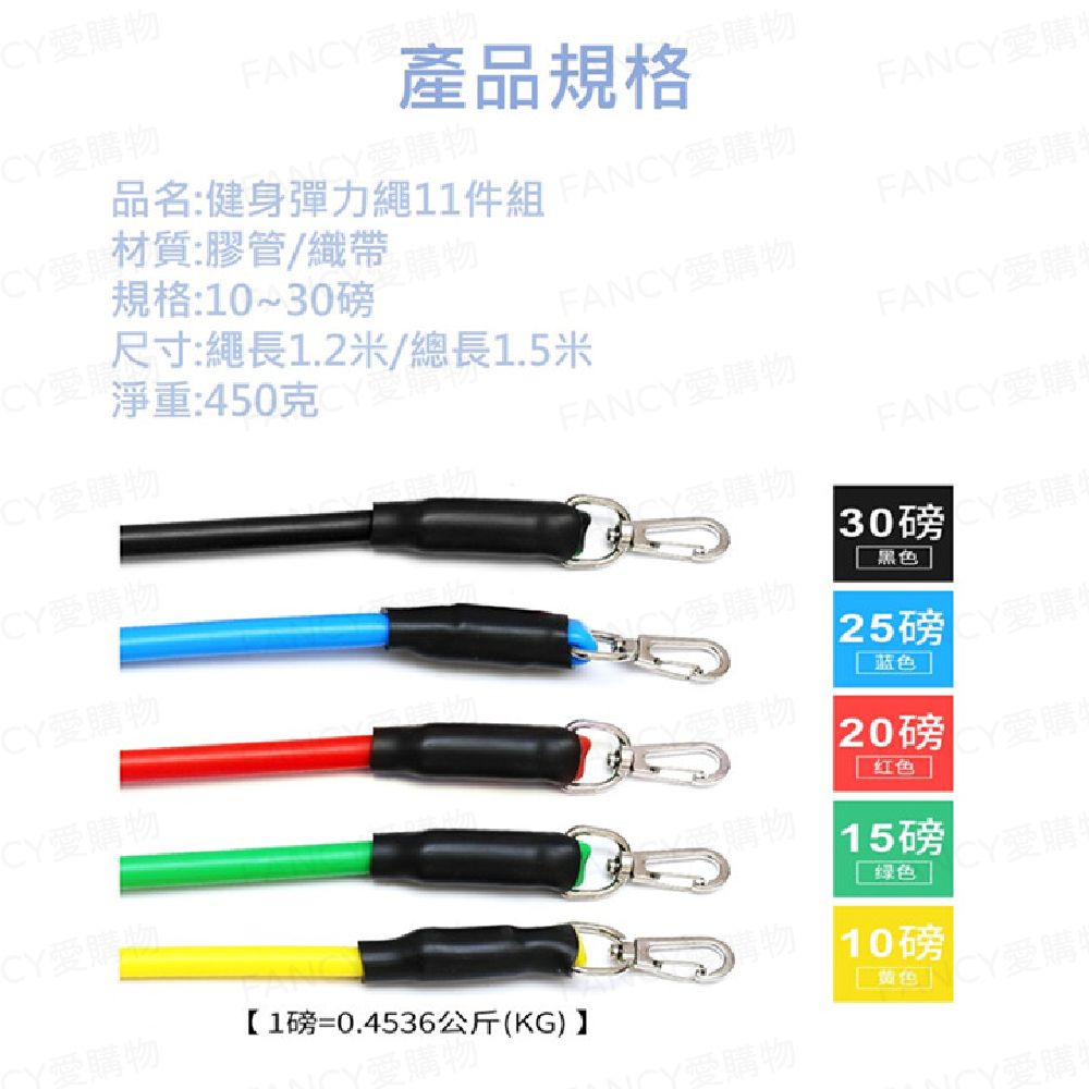 購物規格:10~30磅購物FANCY愛購物愛購物CY愛材質:膠管/織帶品名:健身彈力繩11件組 FANCY愛購物產品規格FANCY愛購FANCY愛購CY愛購淨重:450克尺寸:繩長1.2米/總長1.5米FANCY愛購物FANCY愛購CY愛購物FANCY愛購物FANCY愛購CY愛購物CY愛購物30磅CY愛購物Y愛購物CY愛購物:CY愛購物红色 15磅愛 黑色]25 CY蓝色]20磅愛購物1磅=0.4536公斤(KG)】绿色10磅CY愛購CY愛購