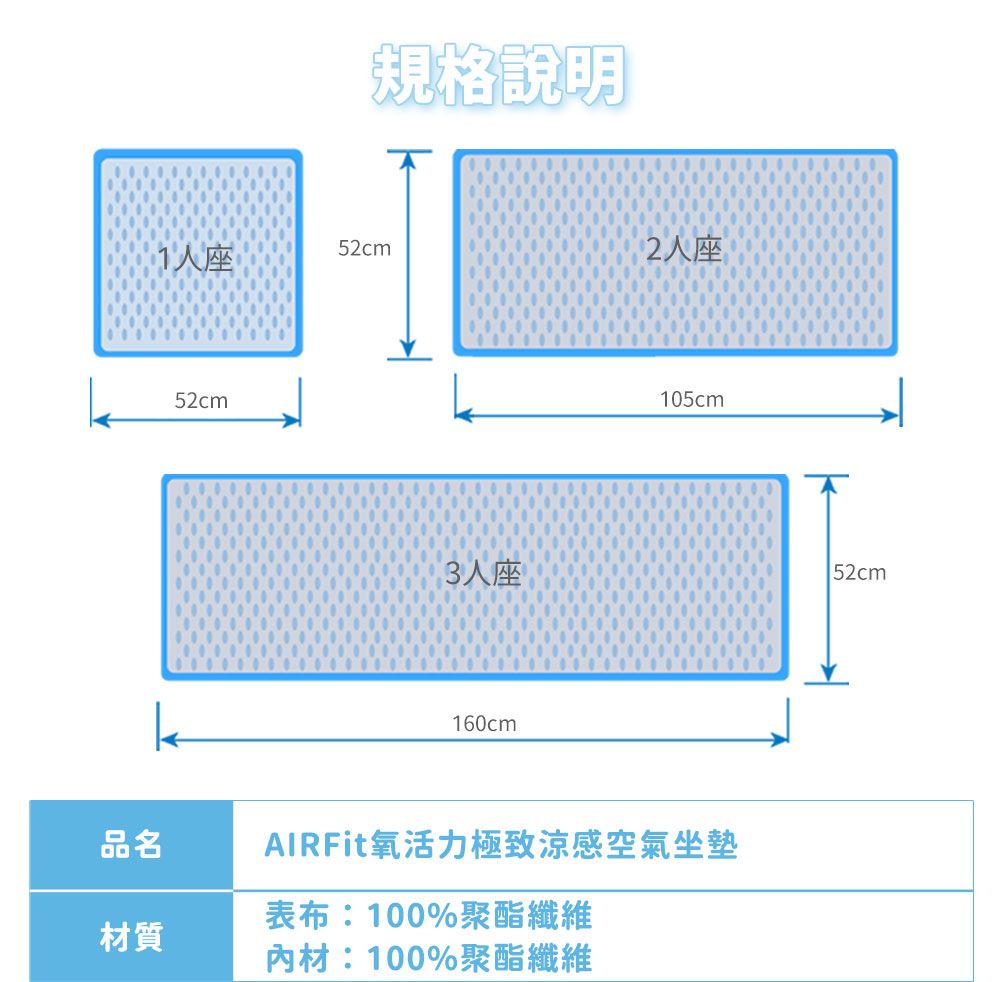 人座品名材質52cm規格說明52cm2人座3人座160cm105cmAIRFit氧活力極致涼感空氣坐墊表布:100%聚酯纖維材:100%聚酯纖維52cm