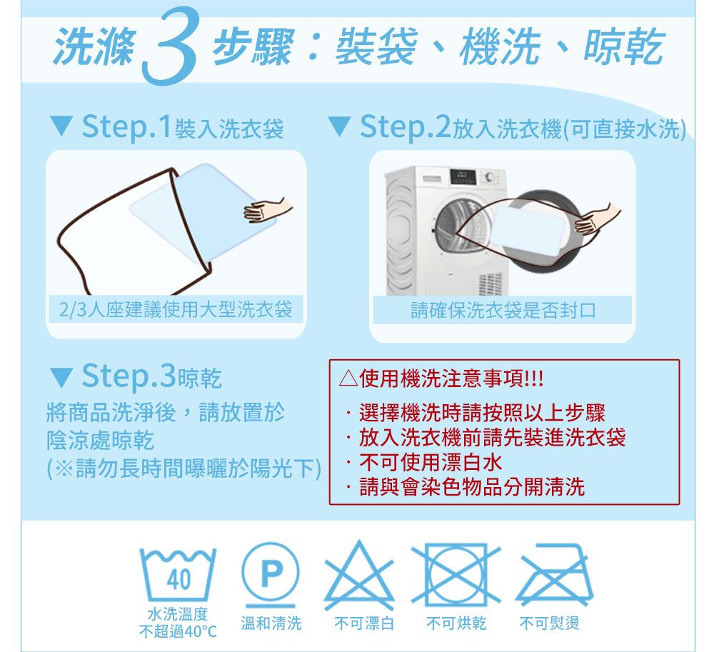 洗滌3步驟:裝袋、機洗、晾乾Step1洗衣袋 Step.2放入洗衣機(可直接水洗)2/3人座建議使用大型洗衣袋請確保洗衣袋是否封口 Step.3晾乾將商品洗淨後,請放置於陰涼處晾乾(※請勿長時間曝曬於陽光下)△使用機洗注意事項!!!!選擇機洗時請按照以上步驟.放入洗衣機前請先裝進洗衣袋不可使用漂白水40請與會染色物品分開清洗P 水洗溫度不超過40溫和清洗不可漂白 不可烘乾不可熨燙