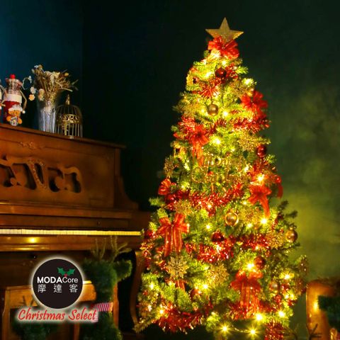 摩達客-7尺/7呎(210cm)特仕幸福型裝飾綠色聖誕樹 綺紅金雪系配件+100燈LED燈暖白光*2(附控制器)