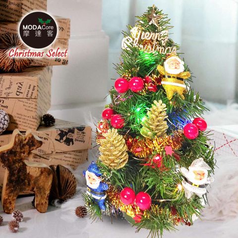 摩達客耶誕_台製迷你1尺(30cm)裝飾聖誕樹(聖誕老人紅果系)+LED20燈銅線燈(彩光/USB電池兩用充電)