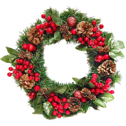 摩達客耶誕-台製歐風典雅14吋大地盛宴紅球果松果聖誕花圈_福臨圈(免組裝) 本島免運費