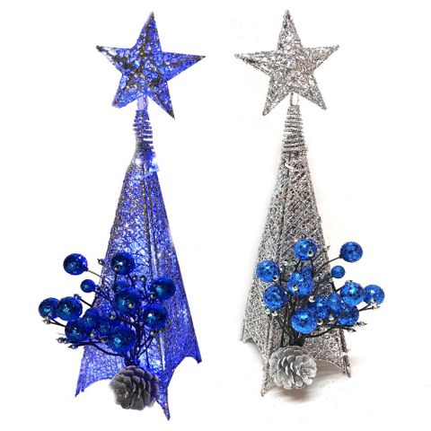 摩達客耶誕-38cm桌上型精緻聖誕裝飾四角樹塔(藍銀色系)+LED20燈銅線燈串_本島免運費