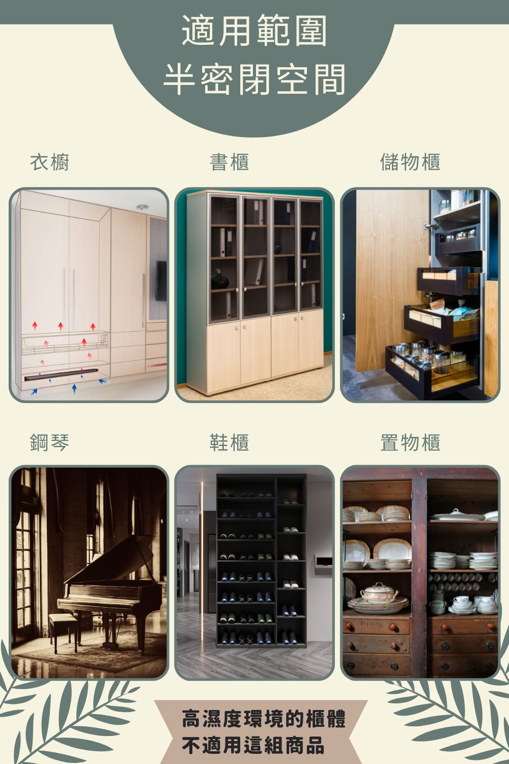 適用範圍半密閉空間衣櫥書櫃儲物櫃鋼琴鞋櫃置物櫃高濕度環境的櫃體不適用這組商品