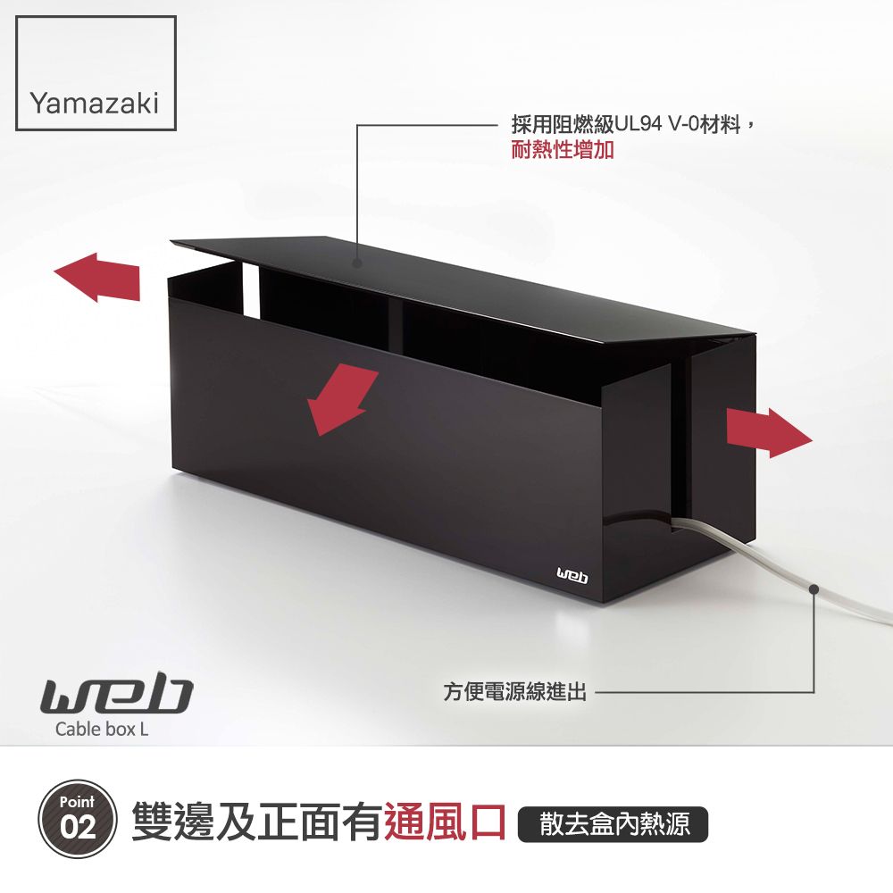 Yamazaki採用阻燃級UL94V-0材料,耐熱性增加Cable box LPoint方便電源線進出雙邊及正面有通風口去盒內熱源