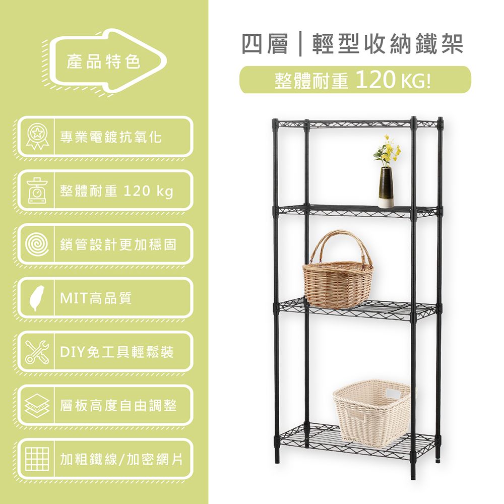 四層|輕型收納鐵架產品特色專業電鍍抗氧化整體耐重 120 kg整體耐重 120 KG!鎖管設計更加穩固MIT高品質DIY免工具輕鬆裝層板高度自由調整加粗鐵線/加密網片