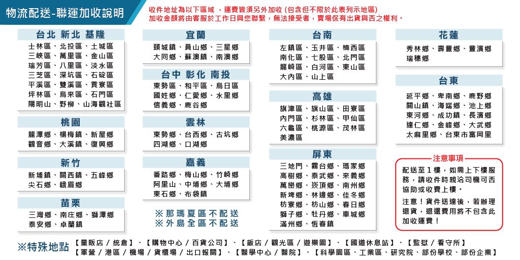 宜蘭頭城鎮員山鄉三星鄉大同鄉、蘇澳鎮、南澳鄉台中  南投東勢區、和平區、烏日區國姓鄉、仁愛鄉、水里鄉信義鄉、鹿谷鄉物流配送聯運加收說明台北 新北 基隆士林區、北投區、土城區三峽區、萬里區、金山區瑞芳區、八里區、淡水區三芝區、深坑區、石碇區平溪區、雙溪區、貢寮區坪林區、烏來區、石門區陽明山、野柳、山海觀社區桃園收件地址為以下區域,運費皆須另外加收(包含但不限於此表列示地區)加收金額將由客服於工作日與您聯繫,無法接受者,賣場保有出貨與否之權利。雲林高雄台南左鎮區、玉井區、楠西區南化區、七股區、北門區龍崎區、白河區、東山區大內區、山上區龍潭鄉、楊梅鎮、新屋鄉觀音鄉、大溪鎮、復興鄉東勢鄉、台西鄉、古坑鄉四湖鄉、口湖鄉旗津區、旗山區、田寮區內門區、杉林區、甲仙區六龜區、桃源區、茂林區美濃區新竹嘉義新埔鎮、關西鎮、五峰鄉尖石鄉、峨眉鄉番路鄉、梅山鄉、竹崎鄉阿里山、中埔鄉、大埔鄉東石鄉、布袋鎮苗栗三灣鄉、南庄鄉、獅潭鄉泰安鄉、卓蘭鎮那瑪夏區不配送※外全區不配送三地門、霧台鄉、瑪家鄉高樹鄉、泰武鄉、來義鄉萬巒鄉、崁頂鄉、南州鄉新埤鄉、林邊鄉、佳冬鄉枋寮鄉、枋山鄉、春日鄉獅子鄉、牡丹鄉、車城鄉滿州鄉、恆春鎮※特殊地點【量販店/統倉】、【購物中心/百貨公司】花蓮秀林鄉、壽豐鄉、豐濱鄉瑞穗鄉台東延平鄉、卑南鄉、鹿野鄉關山鎮、海端鄉、池上鄉東河鄉、成功鎮、長濱鄉達仁鄉、金峰鄉、大武鄉太麻里鄉、台東市富岡里注意事項-配送至1樓,如需上下樓服務,請收件時親洽司機可否協助或收費上樓。注意!貨件送達後,若辦理退貨,退還費用將不包含此加收運費!【飯店/觀光區/遊樂園】、【國道休息站】、【監獄/看守所】【軍營 / 港區/ 機場/貨櫃場/出口報關】、【醫學中心/醫院】、【科學園區、工業區、研究院、部份學校、部份企業】