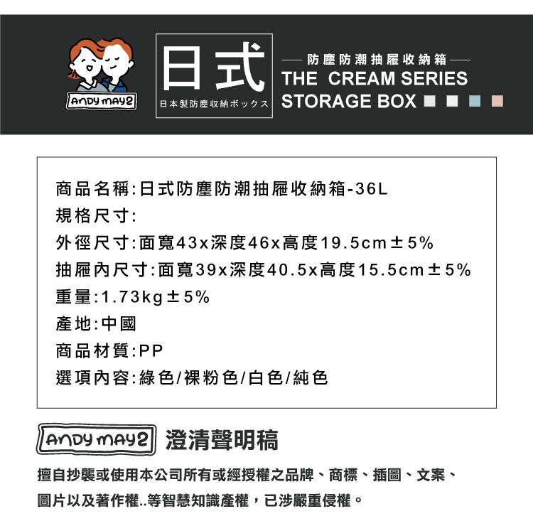 日式防潮抽屜收納箱THE CREAM SERIES  日本製防塵 STORAGE BOX商品名稱:日式防塵防潮抽屜收納箱-36L規格尺寸:外徑尺寸:面寬43x深度46x高度19.5cm±5%抽屜尺寸:寬39x深度40.5x高度15.5cm±5%重量:1.73kg±5%產地:中國商品材質:PP選項內容:綠色/裸粉色/白色/純色 澄清聲明稿擅自抄襲或使用本公司所有或經授權之品牌、商標、插圖、文案、圖片以及著作權..等智慧知識產權,已涉嚴重侵權。