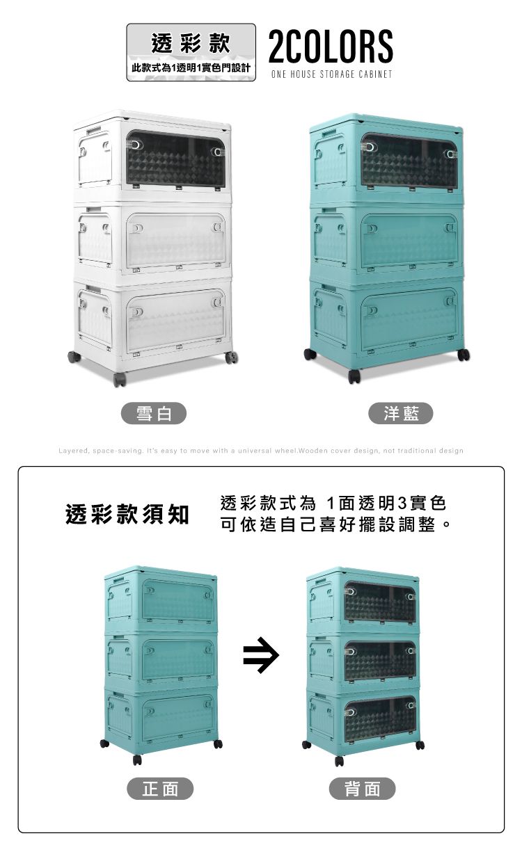 透彩款 2COLORS此款式為1透明1色門設計ONE HOUSE STORAGE CABINET雪白洋藍Layered, space-saving Its easy to move with a universal wheel.Wooden cover design, not traditional design透彩款式為 1面透明實色透彩款須知可依造自己喜好擺設調整。正面背面