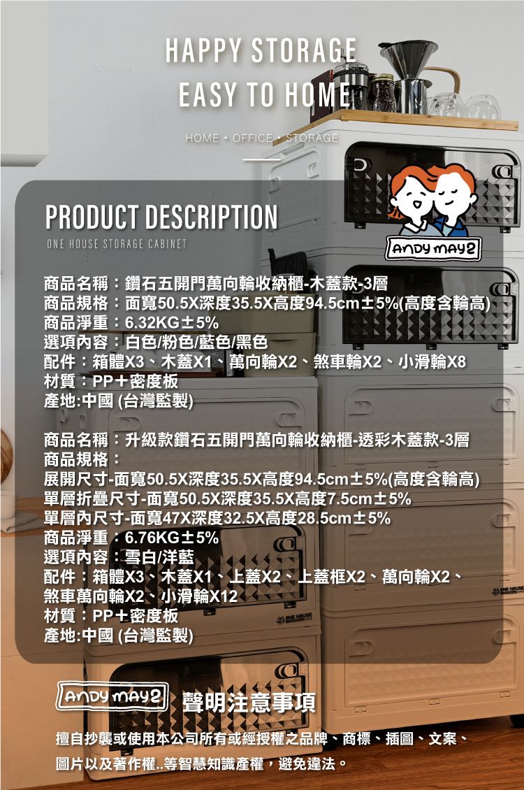 HAPPY STORAGEEASY TO HOME OFFICE STORAGEPRODUCT DESCRIPTION HOUSE STORAGE CABINET 商品名稱:鑽石五開門萬向輪收納櫃-木蓋款-3層商品規格:面寬50.5X深度35.5X高度94.5cm±5%(高度含輪高)商品淨重:6.32KG±5%選項內容:白色/粉色/藍色/黑色配件:箱體X3、木蓋X1、萬向輪X2、煞車輪X2、小滑輪X8材質:PP+密度板產地:中國(台灣監製)商品名稱:升級款鑽石五開門萬向輪收納櫃-透彩木蓋款-3層商品規格:展開尺寸-面寬50.5X深度35.5X高度94.5cm±5%(高度含輪高)單層折疊尺寸-面寬50.5X深度35.5X高度7.5cm±5%單層內尺寸-面寬47X深度32.5X高度28.5cm±5%商品淨重:6.76KG±5%|選項內容:雪白/洋藍配件:箱體X3、木蓋X1、上蓋X2、上蓋框X2、萬向輪X2、煞車萬向輪X2、小滑輪X12材質:PP+密度板產地:中國(台灣監製)ONE HOUSE  聲明注意事項擅自抄襲或使用本公司所有或經授權之品牌、商標、插圖、文案、圖片以及著作權..等智慧知識產權,避免違法。 HOUSE