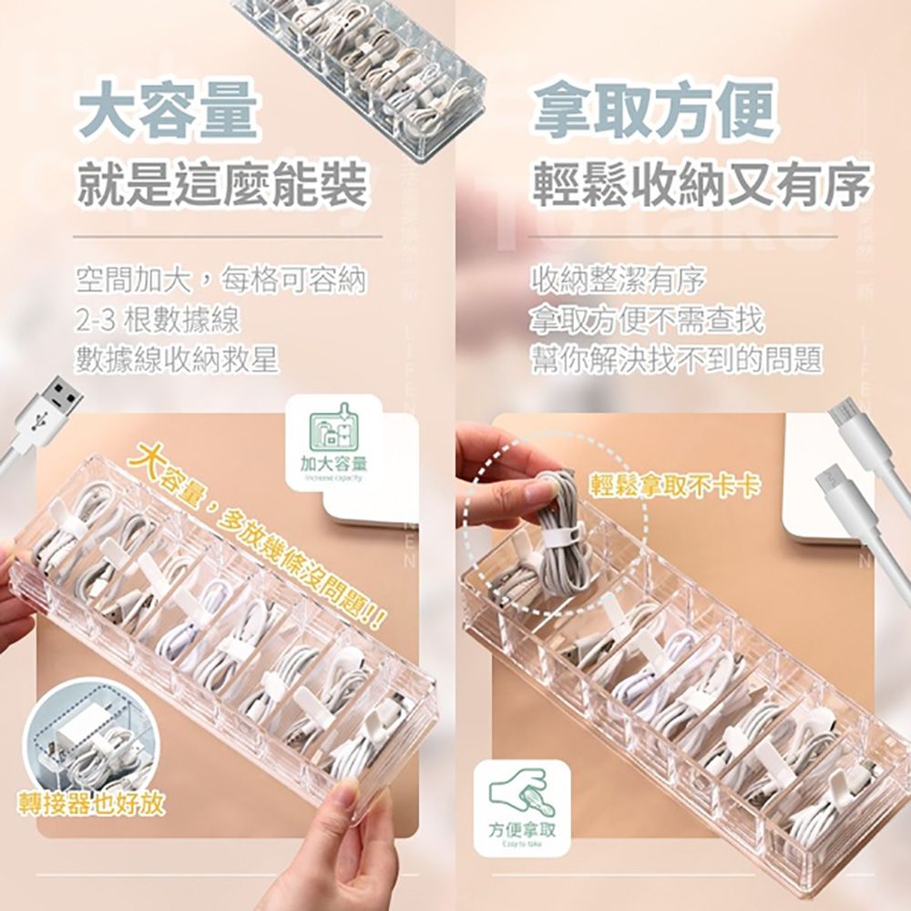  數據線材透明收納盒 分格整線盒 充電線置物盒 集線盒(7格帶蓋加大款)