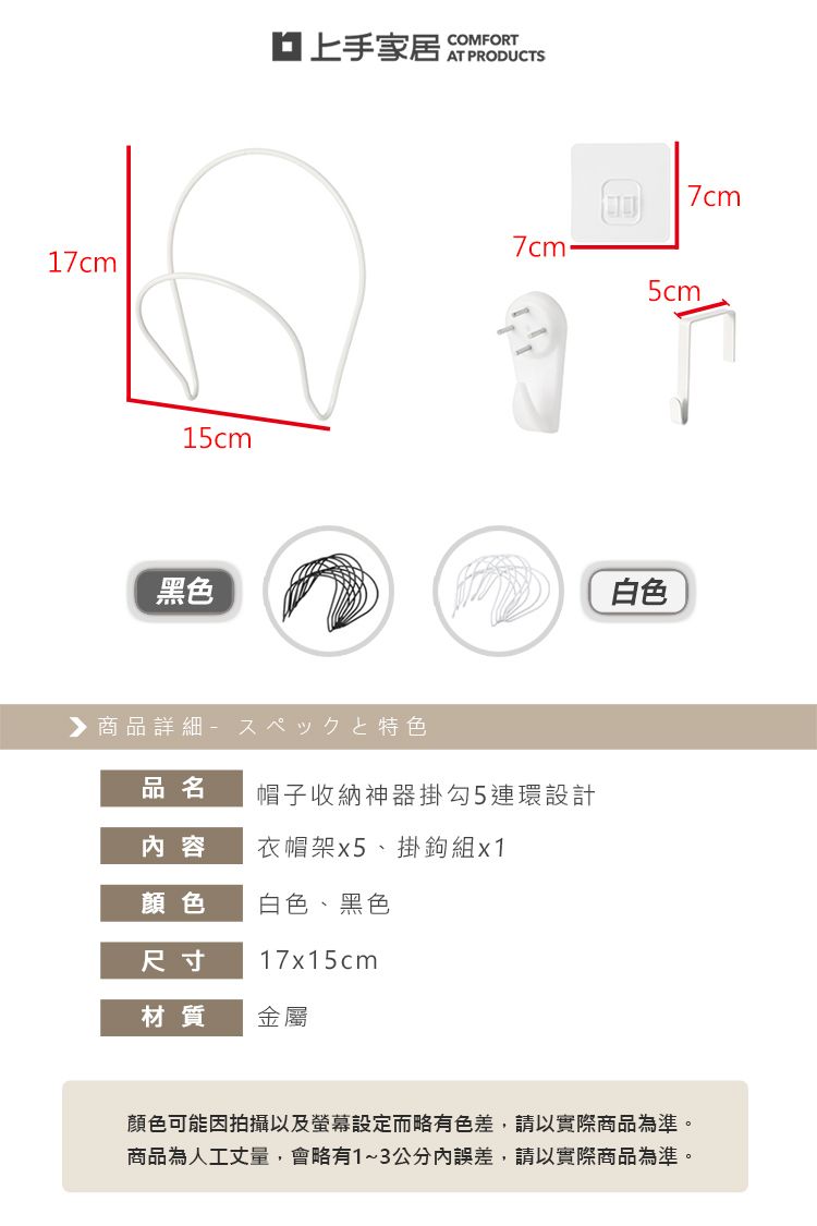 17cm15cm黑色家居 AT PRODUCTS 商品詳細特色7cm7cm.5cm品名帽子收納神器掛勾5連環設計内容衣帽架x5、掛鉤組x1顏色白色、黑色尺寸17x15cm材質金屬白色顏色可能因拍攝以及螢幕設定而略有色差,請以實際商品為準。商品為人工丈量,會略有1~3公分內誤差,請以實際商品為準。