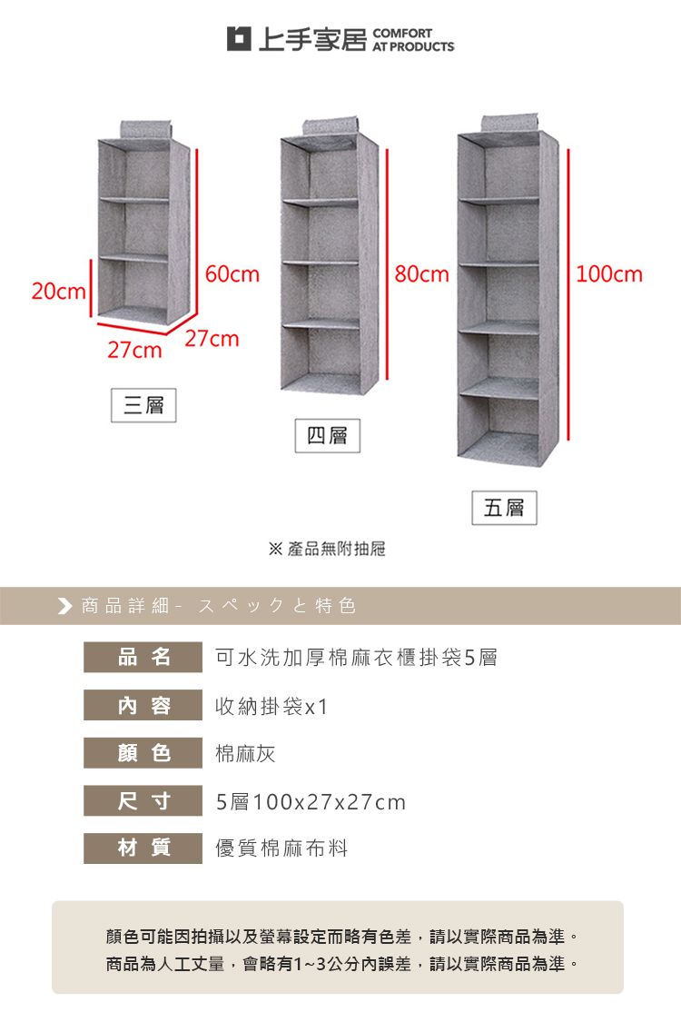 上手家居COMFORTAT PRODUCTS60cm80cm100cm20cm27cm27cm三層四層產品無附抽屜▶商品詳細特色五層品名可水洗加厚棉麻衣櫃掛袋5層内容收納掛袋x1顏色棉麻灰尺寸5層100x27x27cm材質優質棉麻布料顏色可能因拍攝以及螢幕設定而略有色差,請以實際商品為準。商品為人工丈量,會略有1~3公分內誤差,請以實際商品為準。