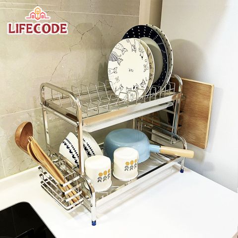 LIFECODE 生活密碼 《收納王》304不鏽鋼二層方管碗碟架+砧板架+筷子筒