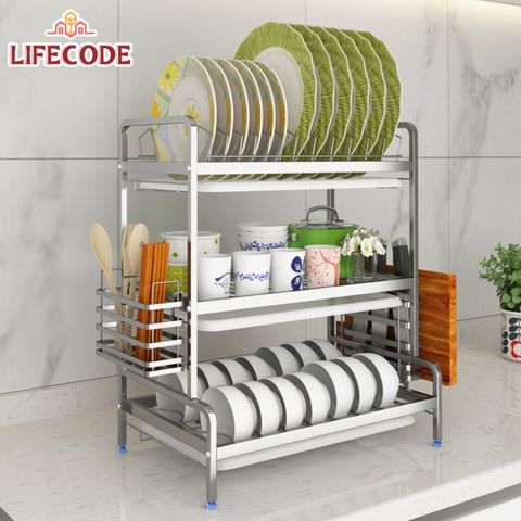 LIFECODE《收納王》304不鏽鋼三層方管碗碟架附筷子籠+砧板架