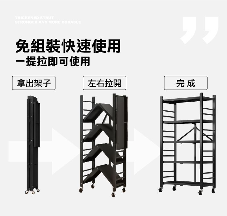 THICKENED STRUTSTRONGER AND MORE DURABLE免組裝快速使用一提拉即可使用拿出架子左右拉開完成