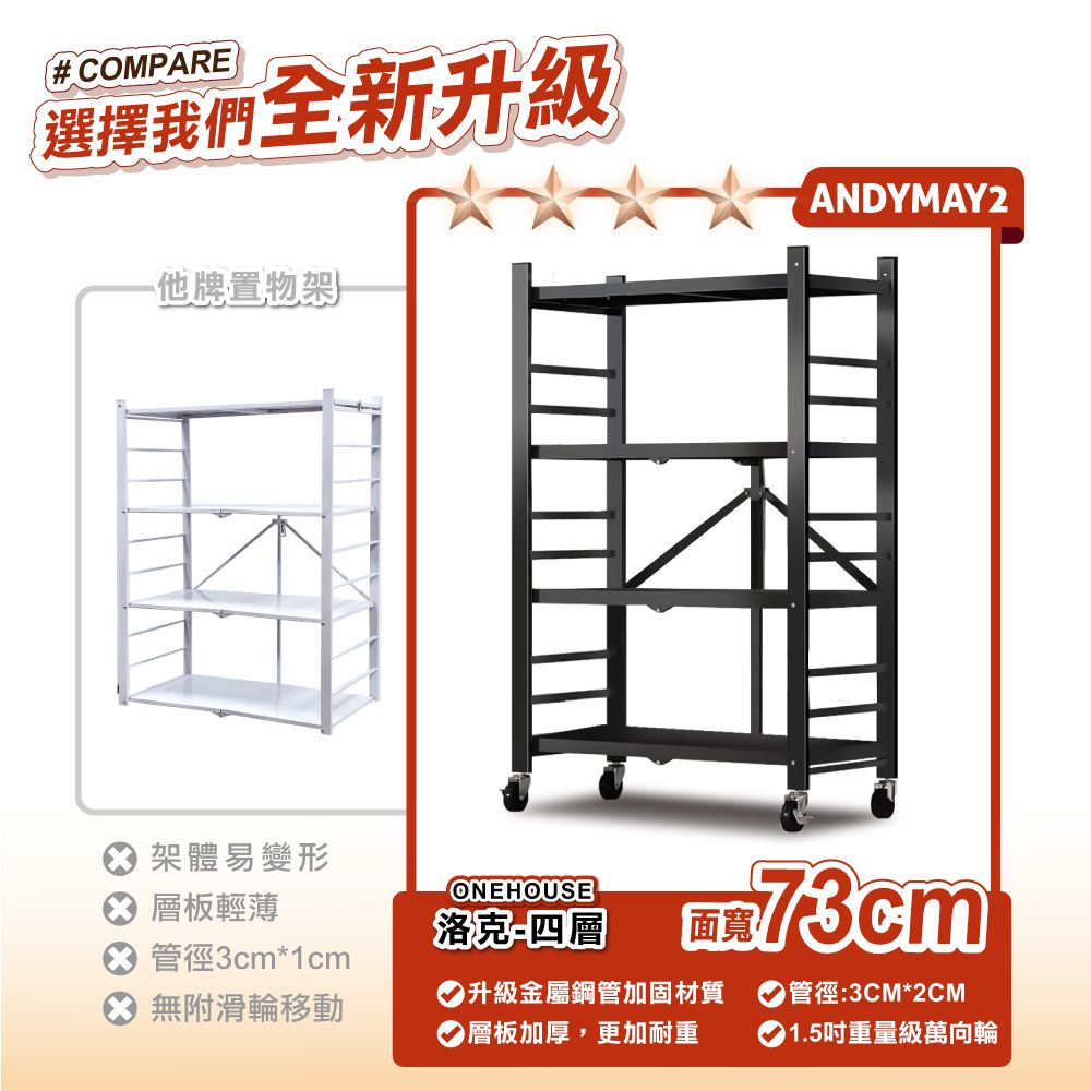 ANDYMAY2 四層70寬_全碳鋼 洛克免組裝折疊置物架