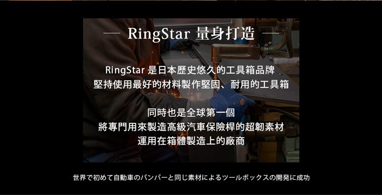 RingStar 量身打造RingStar 是日本歷史悠久的工具箱品牌堅持使用最好的材料製作堅固、耐用的工具箱同時也是全球第一個將專門用來製造高級汽車保險桿的超韌素材運用在箱體製造上的廠商世界で初めて自動車のバンパーと同じ素材によるツールボックスの開発に成功