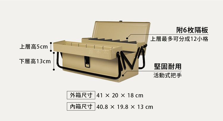 上層高5cm下層高13cm外箱尺寸 41  20  18 cm附6枚隔板上層最多可分成12小格箱尺寸 40.819.8×13 cm堅固耐用活動式把手